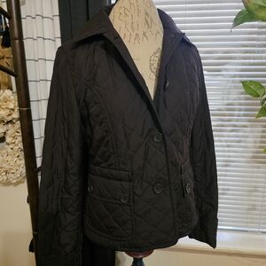 LOFT Black Quilted Puffer Barn Jacket Plaid Flannel Lined